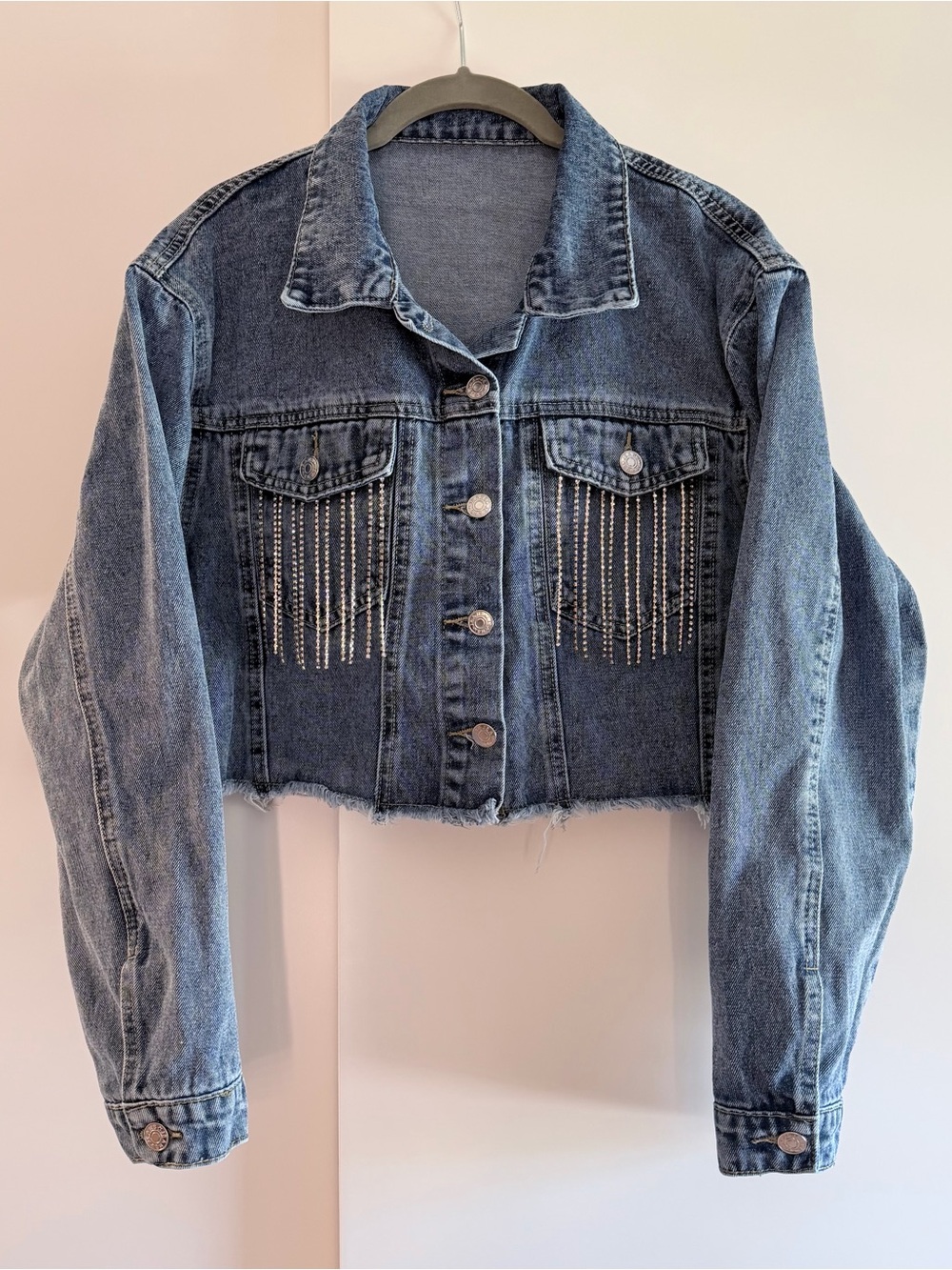 Cropped Denim Jacket with Rhinestone Fringe